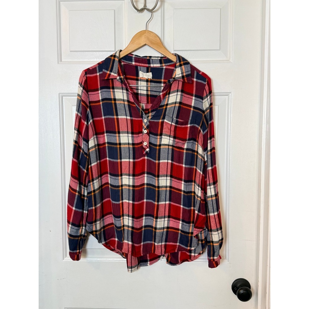 Melloday Plaid Henley Shirt Large 90s Grunge Cabincore Oversized Flannel